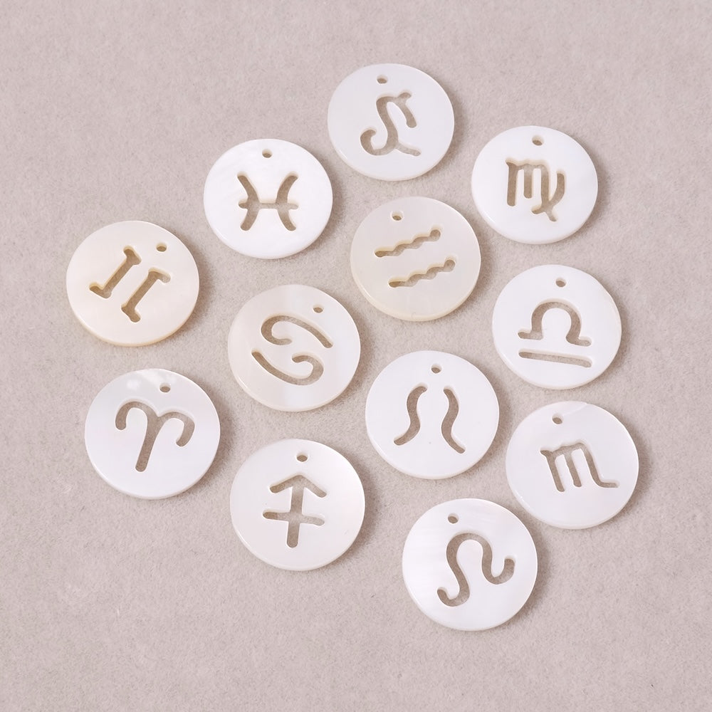 12 Pendentifs rond signes Astrologiques 12mm en nacre naturelle