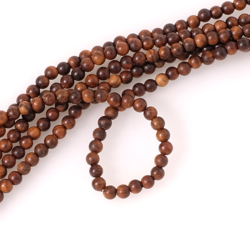 Fil de perles en bois de Santal Padouk rond 4mm marron