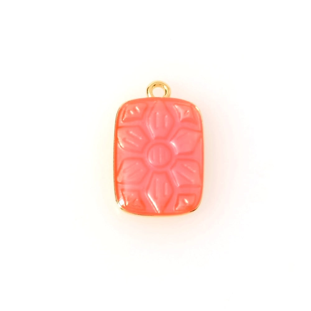 Orange-pink enamelled rectangle pendant in 24K gold-plated Zamak