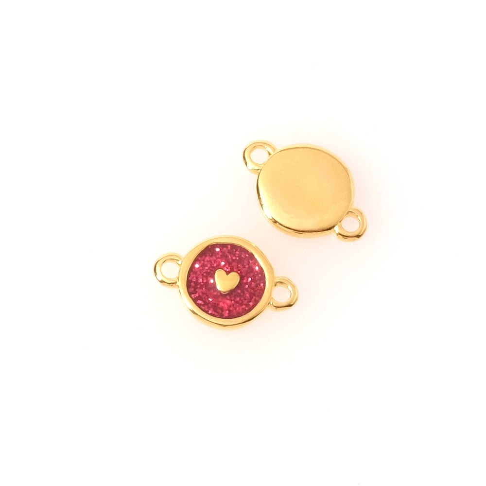 2 Pendentifs connecteurs coeur émaillé rouge pailleté en Zamak doré 24K