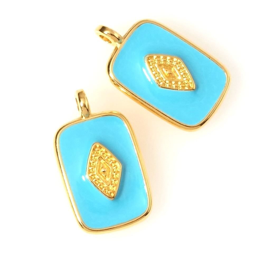 Pendentif rectangle émaillé turquoise en Zamak doré 24K