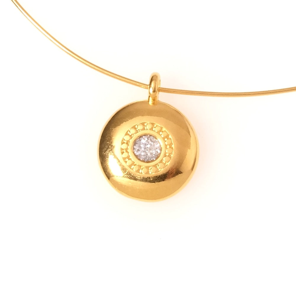 Pendentif rond émaillé pailleté argenté en Zamak doré 24K